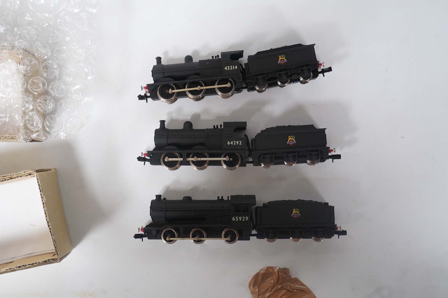 Three boxed Union Mills Models N gauge railway BR locomotives; a Class J38, 65929, a Class J11, 64292, and a Class 3F, 43214. Condition - good.